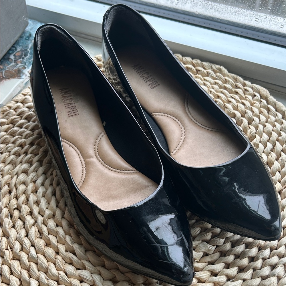 Anacapri Black Patent Pointed Toe Flats | Minimalist Patent Leather | Size 36